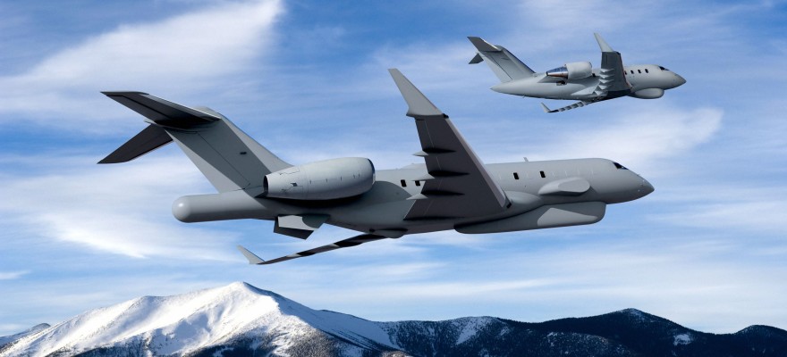 Bombardier Defense - Global and Challenger ISR aircraft on air, over mountains